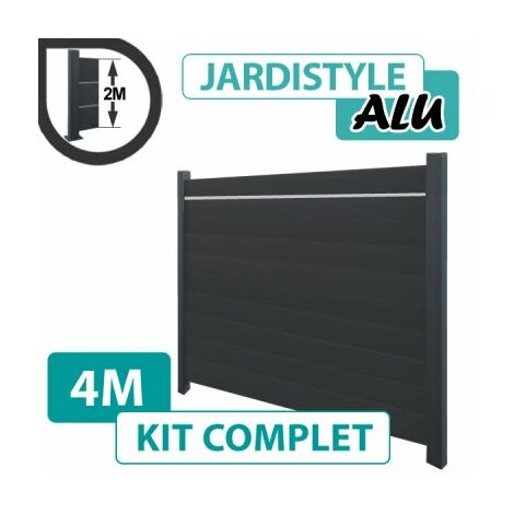 Kit Clôture Aluminium Gris Anthracite 4M - Plein avec Liseré - 2 mètres