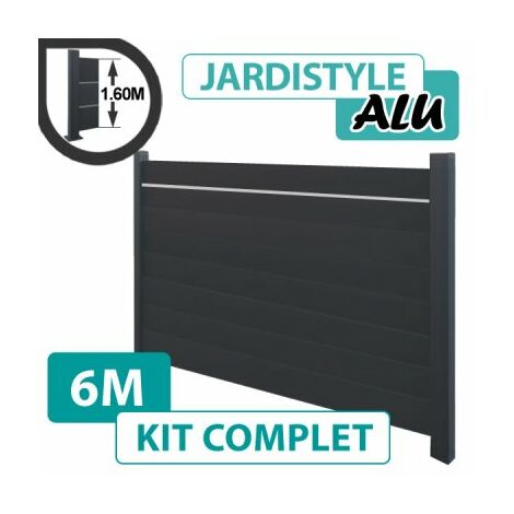 Kit Clôture Aluminium Gris Anthracite 6M - Plein avec Liseré - 1,60 mètre