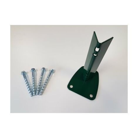 Cloture & Jardin – Platine poteau à encoches vert 7.5x13.5cm en acier zingué – 3 trous de boulonnage pour fixation solide – Visserie incluse