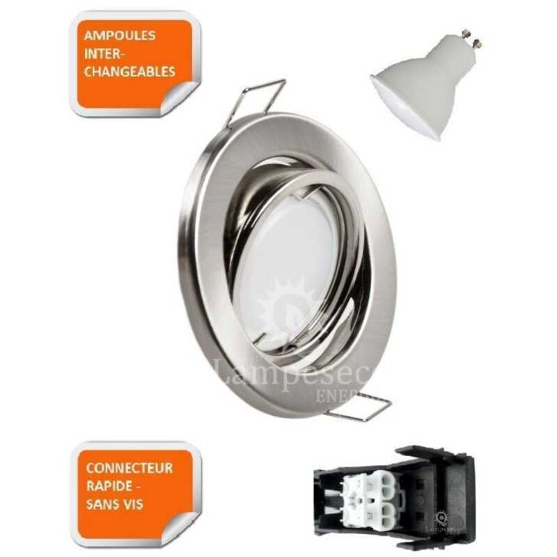 50 Spot LED Encastrable Complet Acier Brossé Orientable Avec Ampoule Gu10 5w Eq 50w