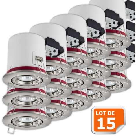 Lampesecoenergie – Lot de 15 supports de spot orientables en alu brossé 100mm – Douille GU10 automatique – IP20 – Fixation rapide par pattes à ressort