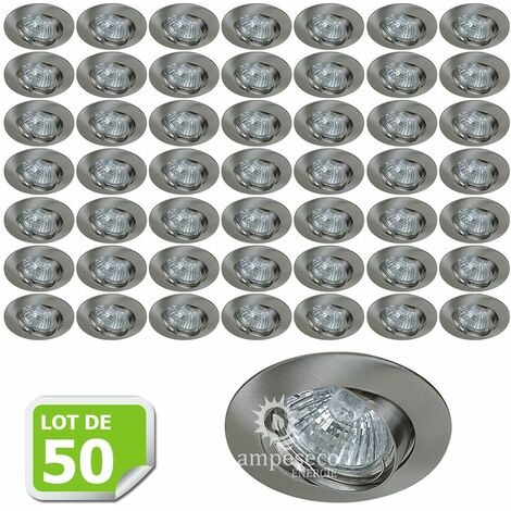 Lot de 50 Support encastrable orientable ronde pour ampoules halogènes, CFL ou LED diametre 81mm Couleur acier brossé ref.970