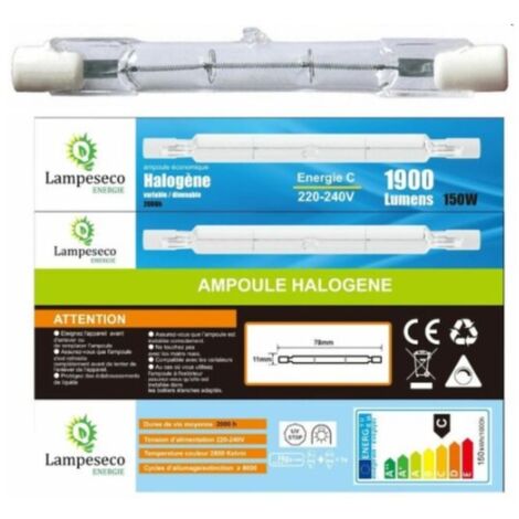 Lampesecoenergie – Ampoule halogène R7s 150W 78mm – Lumière chaude 2800K dimmable – Alimentation 220-240V – Indice de protection IP20