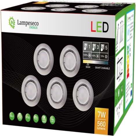 5 Spots led 3-step dimmable sans variateur 7w eq.56w blanc chaud orientable finition alu brossé