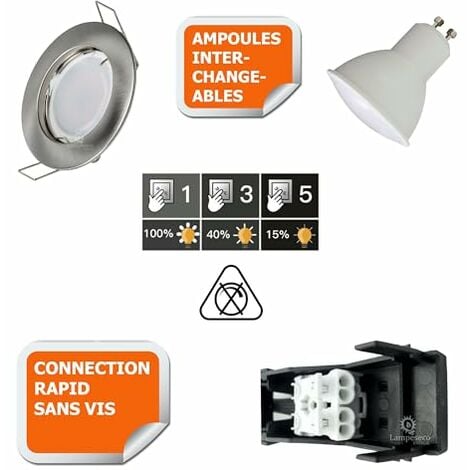 5 Spots led 3-step dimmable sans variateur 7w eq.56w blanc chaud finition alu brossé