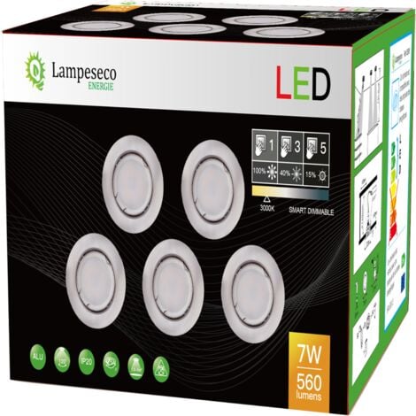 5 Spots led 3-step dimmable sans variateur 7w eq.56w blanc chaud finition alu brossé