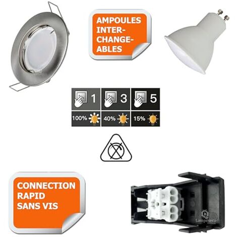 5 Spots led 3-step dimmable sans variateur 7w eq.56w blanc neutre finition alu brossé