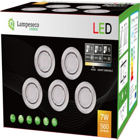 5 Spots led 3-step dimmable sans variateur 7w eq.56w blanc neutre finition alu brossé