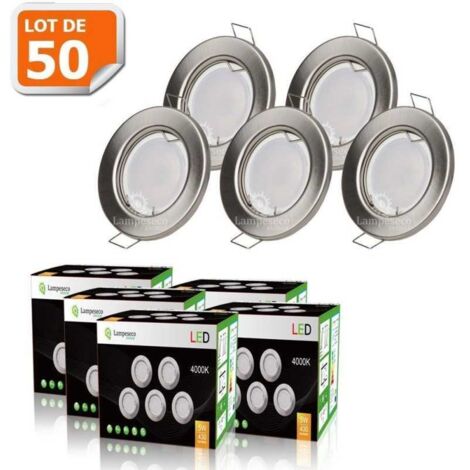 Lot de 50 spot led encastrable complète ronde fixe alu brossé blanc neutre eq. 50w