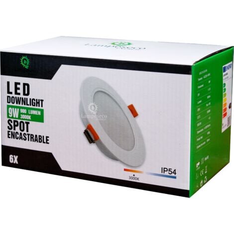 6 Spot LED Encastrable Extra Plat 9W Salle de Bain IP54 Blanc Chaud 3000K