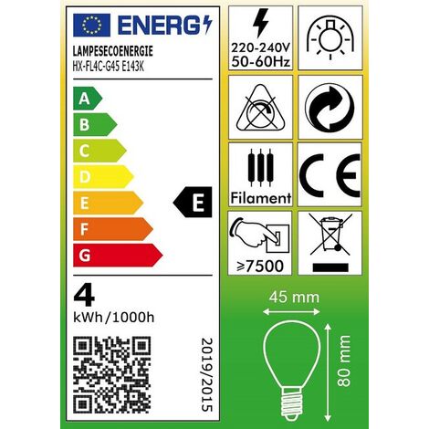 Lot de 10 Ampoules Led  Filament Culot E14 forme G45 4 Watt (éq 42 watts) Blanc Chaud