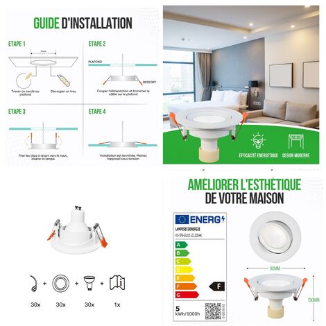 Lot de 30 Spot LED 4.9W 120° GU10 orientable downlight Ø90 Lumière Blanc Neutre