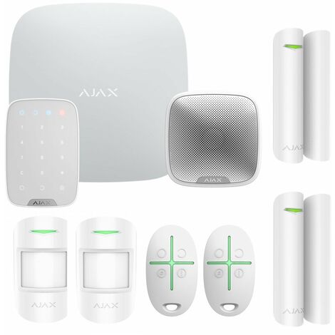 Ajax – Kit alarme sans fil double zone – Sirène extérieure 113dB – Détecteurs de mouvement jusqu'à 12m – Clavier digital blanc