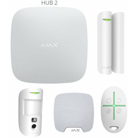 Starterkit alarme sans fil AJAX HUB 2 – Sirène intérieure HomeSiren 103 dB – Détecteur de mouvements MotionCam 12m – Télécommande SpaceControl