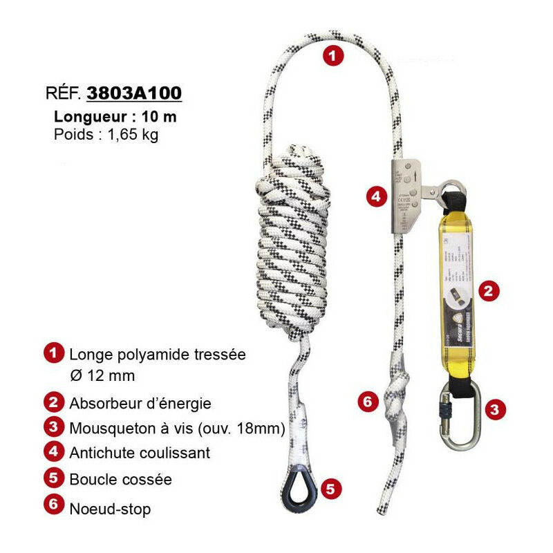 Antichute Mobile Levac 3803A200 - Corde Tressée D12mm - Absorbeur D'Énergie - Longueur 20 M