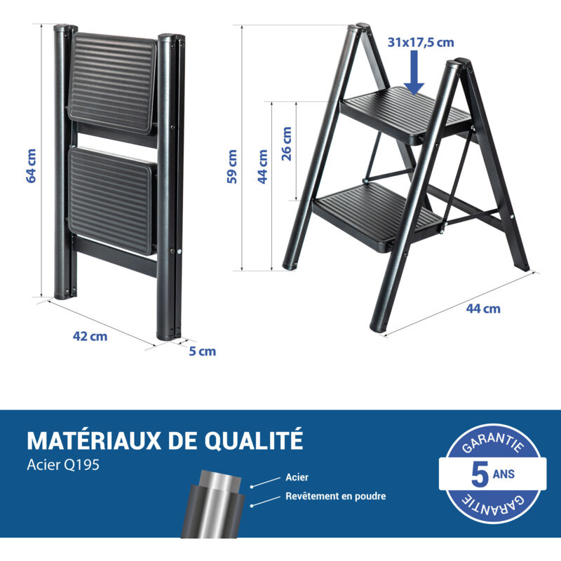 Escabeau 2 Marches Pliable En Aluminium Avec Large Pédale Antidérapante