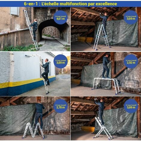 Echelle pliante articulée STAVALANCE 4x3 marches, echafaudage multifonction, ecarteur de mur, escabeau, 2 plaques plateforme de travail, Hostrom