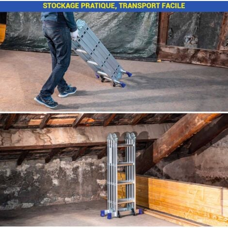 Echelle pliante articulée STAVALANCE 4x4 marches, echafaudage multifonction, ecarteur de mur, escabeau, 2 plaques plateforme de travail, Hostrom