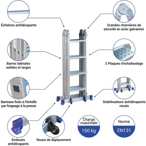 Echelle pliante articulée STAVALANCE 4x4 marches, echafaudage multifonction, ecarteur de mur, escabeau, 2 plaques plateforme de travail, Hostrom