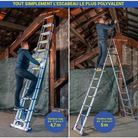 Escabeau 12 marches telescopique EXTENDACT12, Echelle telescopique 3.5m+3.2m, escabeau pliable, Stabilisateur, H max travail 5m, Garantie 5 ans