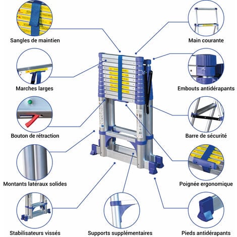 Escabeau 12 marches telescopique EXTENDACT12, Echelle telescopique 3.5m+3.2m, escabeau pliable, Stabilisateur, H max travail 5m, Garantie 5 ans
