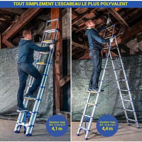 Escabeau 10 marches telescopique EXTENDACT10, Echelle telescopique 2.9m+2.6m, escabeau pliable télescopique, H max travail 4,4m, Garantie 5ans Hostrom