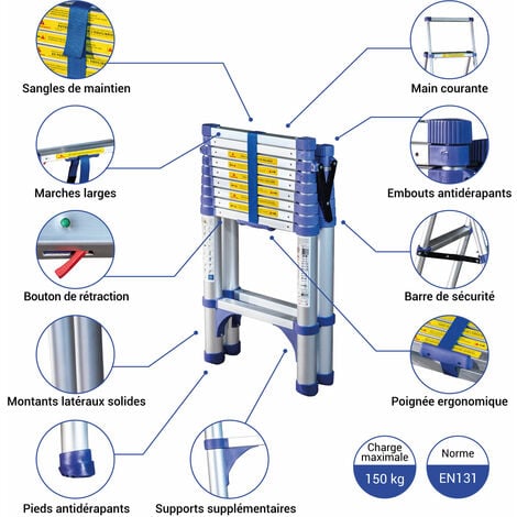 Escabeau 10 marches telescopique EXTENDACT10, Echelle telescopique 2.9m+2.6m, escabeau pliable télescopique, H max travail 4,4m, Garantie 5ans Hostrom