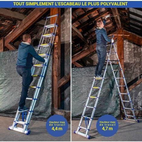 Escabeau 11 marches telescopique EXTENDACT11, Echelle telescopique 3.2m+2.9m, escabeau pliable, Stabilisateur, H max travail 4.7m, Garantie 5 ans