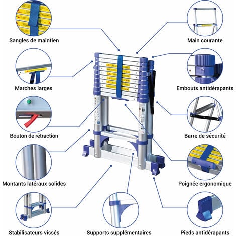 Escabeau 11 marches telescopique EXTENDACT11, Echelle telescopique 3.2m+2.9m, escabeau pliable, Stabilisateur, H max travail 4.7m, Garantie 5 ans