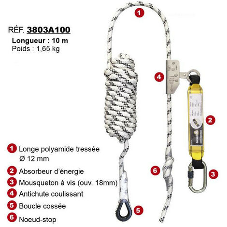 Antichute mobile sur corde Levac D12mm L10m avec absorbeur