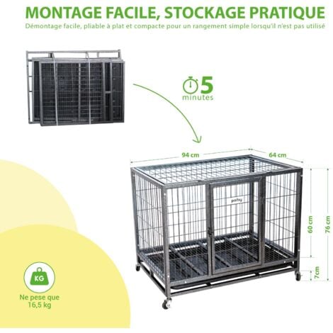 Cage pour chien intérieur et extérieur MouvedyL, 94x64x76cm, caisse de transport, roues verrouillables, pliable, 2 portes, plateau amovible, Paitsy