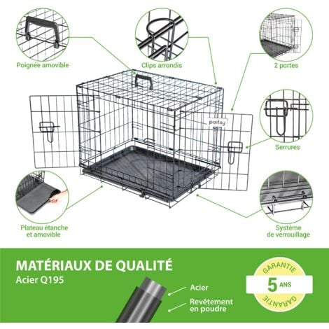 Cage pour chien FortressooS, caisse de transport pour chien et chiot 60x43x49cm, pliable, 2 portes, plateau amovible, utilisation interieur, Paitsy