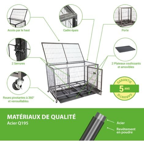 Cage pour chien intérieur et extérieur MouvedyXL, 123x79x84cm, caisse de transport, roues verrouillables, pliable, 2 portes, plateau amovible, Paitsy