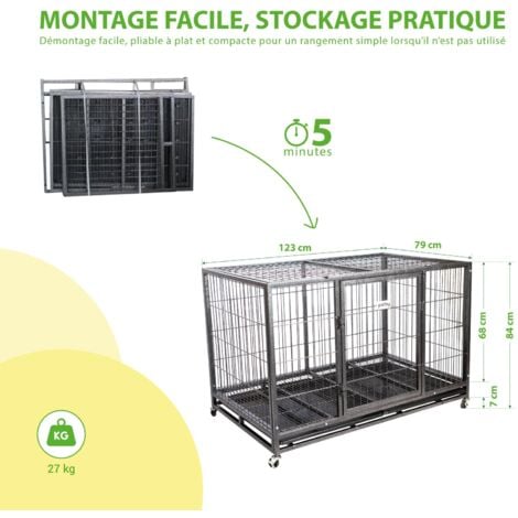 Cage pour chien intérieur et extérieur MouvedyXL, 123x79x84cm, caisse de transport, roues verrouillables, pliable, 2 portes, plateau amovible, Paitsy