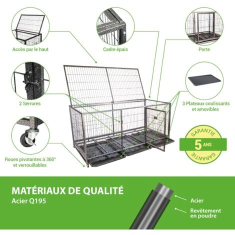 Cage pour chien intérieur et extérieur Mouvedy2XL, 180x93x89cm, caisse de transport, roues verrouillables, pliable, 2 portes, plateau amovible,Paitsy