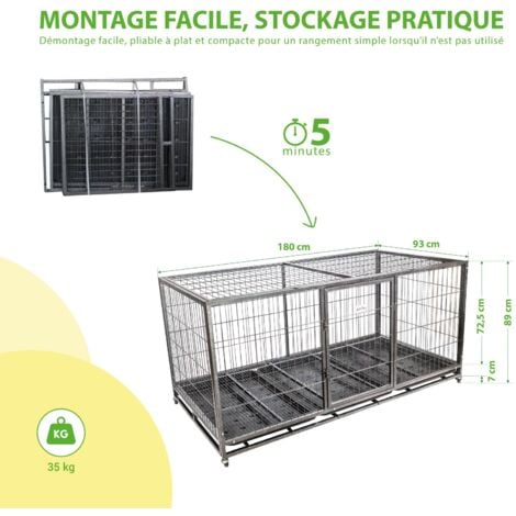 Cage pour chien intérieur et extérieur Mouvedy2XL, 180x93x89cm, caisse de transport, roues verrouillables, pliable, 2 portes, plateau amovible,Paitsy