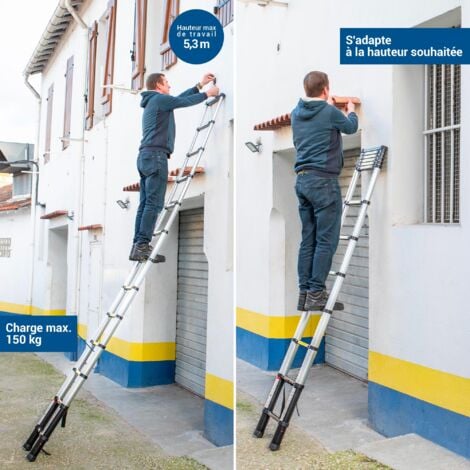 Echelle telescopique 4,4m TELESCOO15, Aluminium, Pliable, Extensible, Hauteur de travail max 5,3m, Standart EN131, Garantie 5 ans, Hostrom