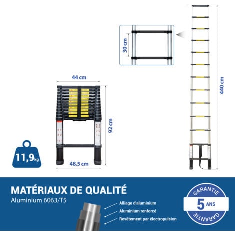 Echelle telescopique 4,4m TELESCOO15, Aluminium, Pliable, Extensible, Hauteur de travail max 5,3m, Standart EN131, Garantie 5 ans, Hostrom
