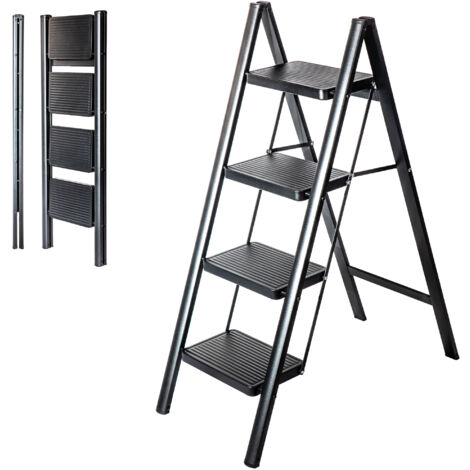 Escabeau 4 marches FOLDPACT4, Marche pied pliable, Design ultra-compact, Marches larges 17,5 cm, Acier, Etagère temporaire, Garantie 5 ans, Hostrom