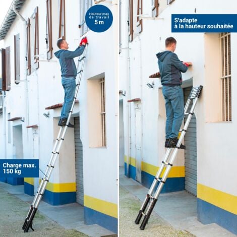 Echelle telescopique 4,1m TELESCOO14, Aluminium, Pliable, Extensible, Hauteur de travail max 5m, Standart EN131, Garantie 5 ans, Hostrom