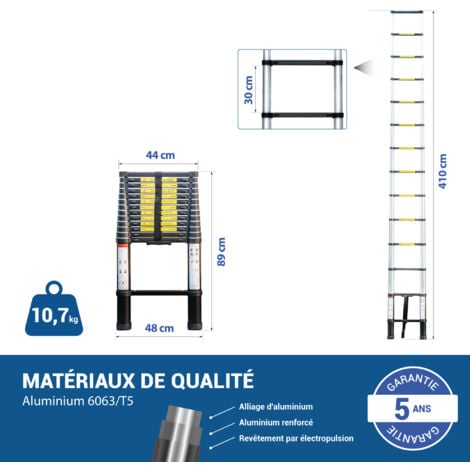 Echelle telescopique 4,1m TELESCOO14, Aluminium, Pliable, Extensible, Hauteur de travail max 5m, Standart EN131, Garantie 5 ans, Hostrom