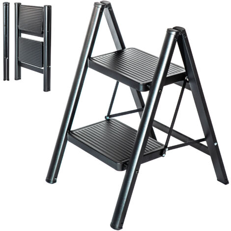 Escabeau 2 marches FOLDPACT2, Marche pied pliable, Design ultra-compact, Marches larges 17,5 cm, Acier, Etagère temporaire, Garantie 5 ans, Hostrom