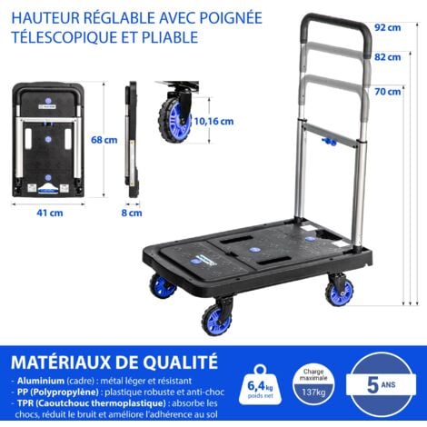 Chariot à roulettes, Chariot de rangement pliable, Demenagement, Transport matériau, Poignée télescopique, Charge max. 137kg, Garantie 5 ans, Hostrom