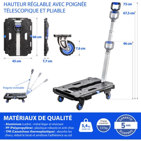 Chariot à roulettes, Chariot de rangement pliable, Demenagement, Transport matériau, Poignée télescopique, Charge max. 137kg, Garantie 5 ans, Hostrom