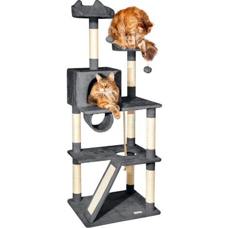 Arbre a chat XL, Griffoir pour chat, Perchoirs Niche Hamac Balles, Colonnes en Sisal, Multi-niveaux Tour Peluche, Hauteur 150 cm, gris foncé, PAITSY