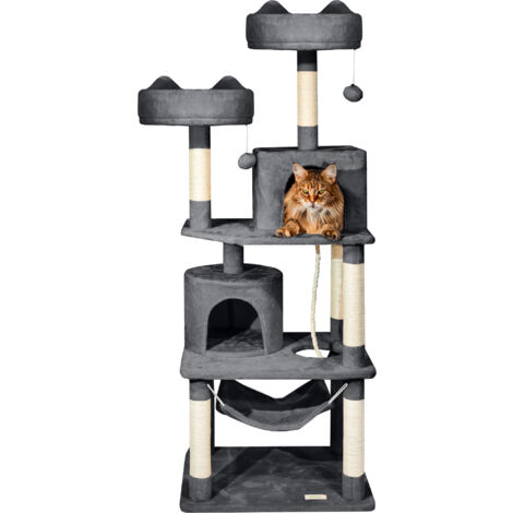 Arbre a chat, Griffoir pour chat, Perchoirs, Niches, Hamac, Balles, Colonnes en Sisal, Peluche, Multi-niveaux Tour, Hauteur 158 cm, gris foncé, PAITSY
