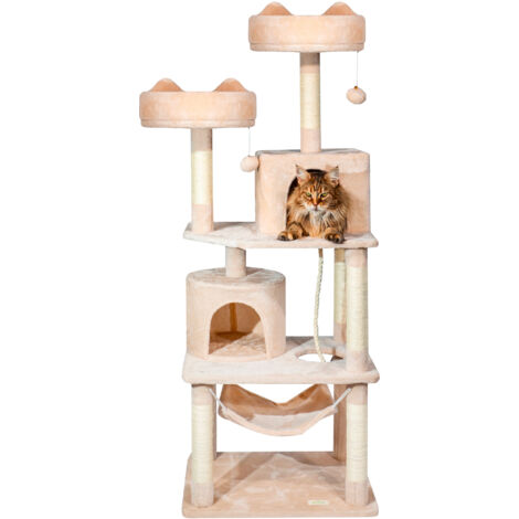 Arbre a chat, Griffoir pour chat, 2 perchoirs, 2 niches, Hamac, Balles, Colonnes en Sisal, Peluche, Multi-niveaux Tour, Hauteur 158 cm, beige, PAITSY