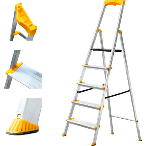Hoström – Escabeau 5 marches aluminium – Marches extra larges 12 cm – Charge max 150 kg – Pliable avec porte-outils amovible – Norme EN 131