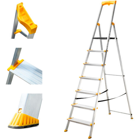 Hoström – Escabeau pliable aluminium 7 marches – Marches extra larges 12cm – Hauteur de travail max 3,47m – Charge max 150kg – Garantie 5 ans