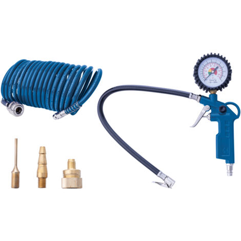 [JAMAIS UTILISÉ] Scheppach Set d'outils à air comprimé - Gonfleur de pneus avec manomètre caoutchouté - Echelle en bar/psi - Valve de dégonflage - 5 m de tuyau spiralé - 3 embouts